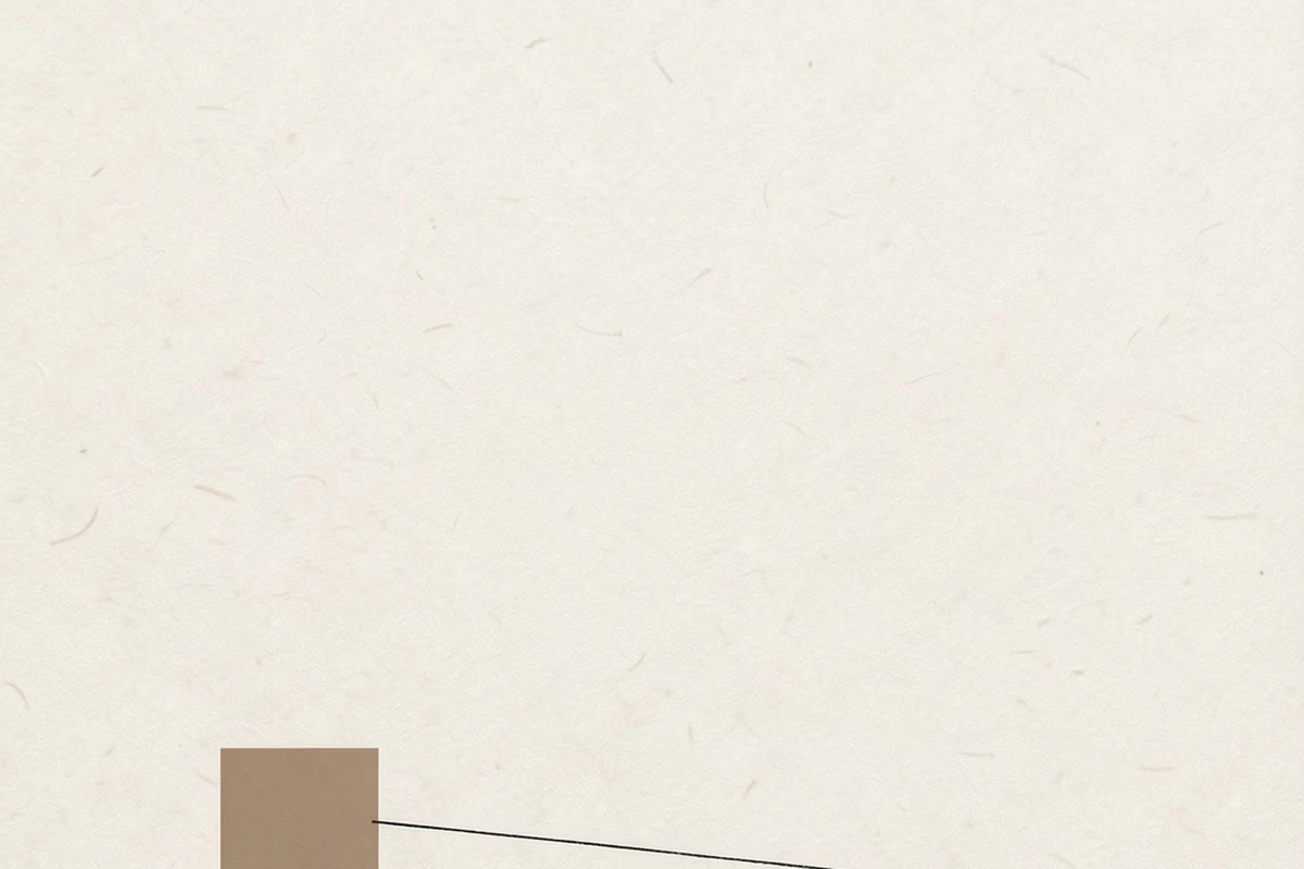 A minimal illustration of one small solid square placed low and off-centre on a large empty pale ground, with a single hairline running horizontally past it