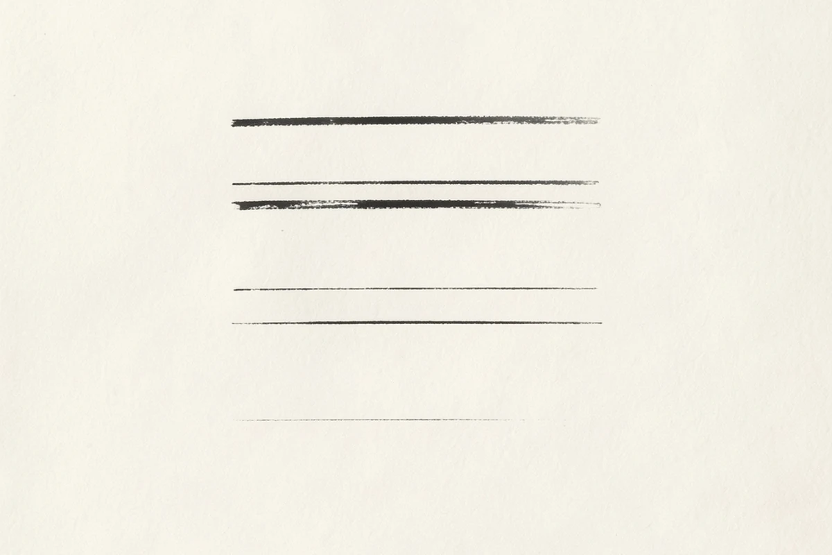 A minimal illustration of four narrow horizontal bands stacked with generous empty space between them, each band slightly shorter than the one above it, on a large pale empty ground