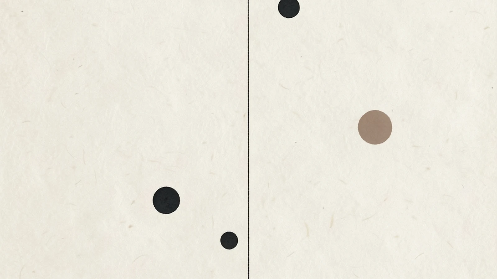A minimal illustration of a single thin vertical line dividing a large empty pale ground asymmetrically, with one small circle on each side at different heights