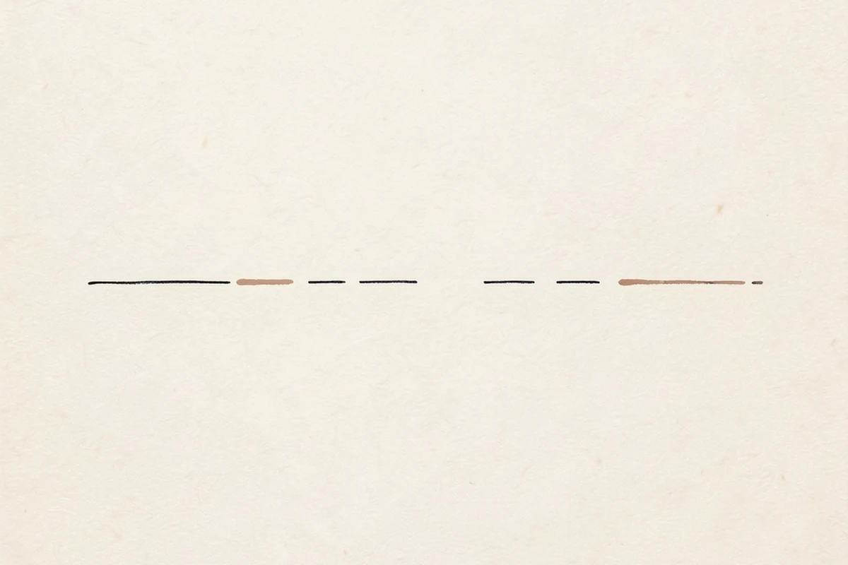 A minimal illustration of two thin horizontal lines on a large empty pale ground, one continuous and one broken into short dashes, running parallel with wide space between them